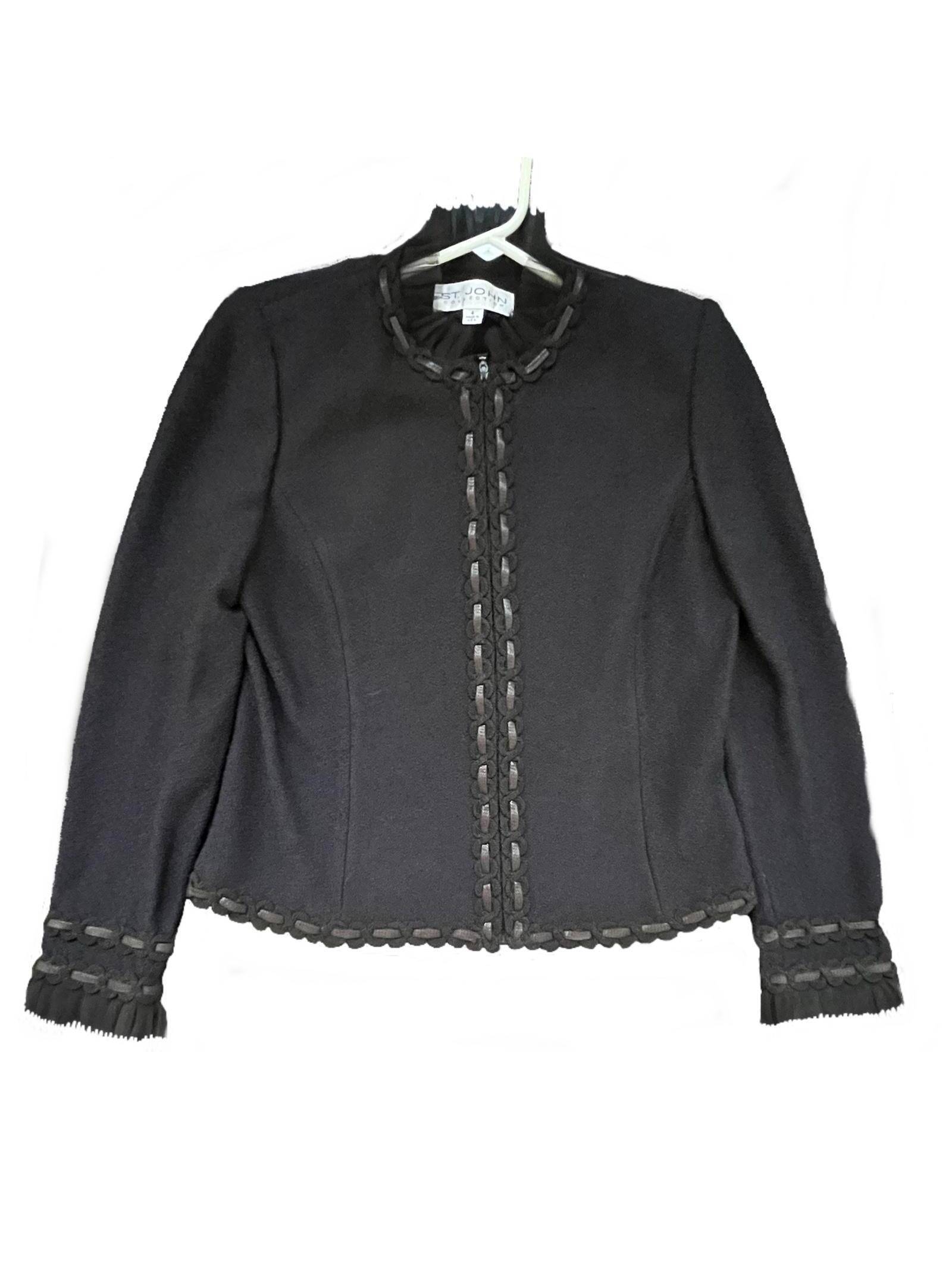 St John Collection Neck Ruffled Corded Black Jacket - Sz 4